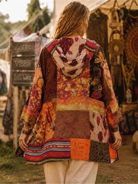 Chico’s Design Patchwork Art-To-Wear Jacket Top VTG Colorful Scarf Collar Silk